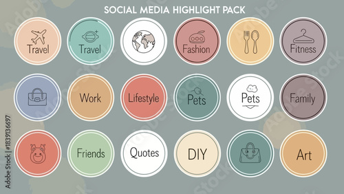 Social media highlight covers collection of minimalist icons for travel fashion fitness work and lifestyle vector graphic elements for branding