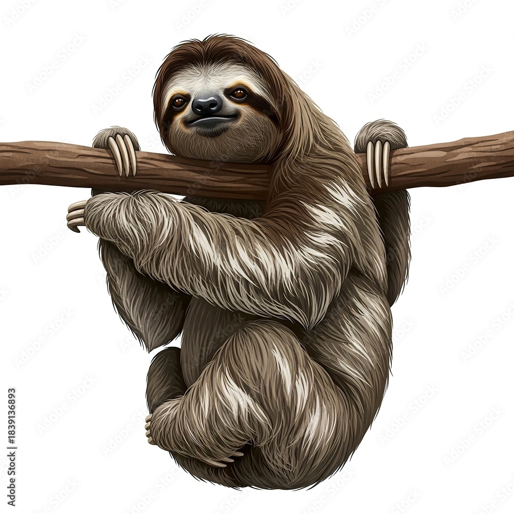 Naklejka premium Cute Furry Sloth Hanging on a Tree Branch Illustration.