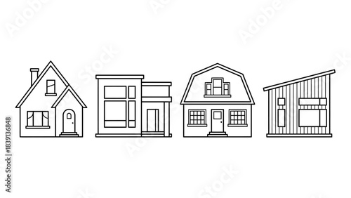 Residential Architecture Comparison: Line Drawings of Victorian, Split-Level, Craftsman, and Modern Houses for Urban Planning UI and Design-Themed Visual Storytelling