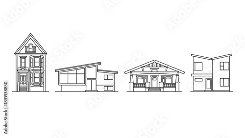Residential Architecture Comparison: Line Drawings of Victorian, Split-Level, Craftsman, and Modern Houses for Urban Planning UI and Design-Themed Visual Storytelling
