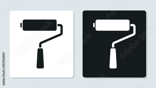 Paint Roller Icon Pair: Black and White Contrast Squares Featuring Cylindrical Roller and Handle for Home Improvement UI and DIY-Themed Visual Storytelling