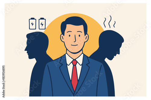 Businessman with energized and exhausted states, conceptual illustration, depicts the duality of energy levels in a professional setting, showing both vitality and burnout