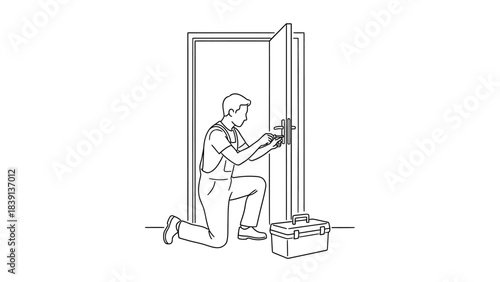 Locksmith Service Illustration: Line Drawing of Kneeling Worker Fixing Door Lock with Toolbox for Security UI and Maintenance-Themed Visual Storytelling