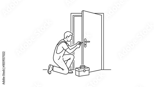 Locksmith Service Illustration: Line Drawing of Kneeling Worker Fixing Door Lock with Toolbox for Security UI and Maintenance-Themed Visual Storytelling