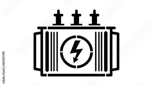 Electrical Transformer Icon: Black and White Silhouette with Terminals, Cooling Fins, and Lightning Symbol for Power Distribution UI and Energy Systems Visual Storytelling