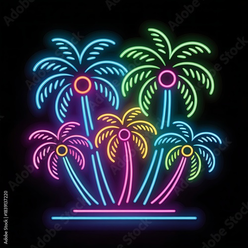 Tropical palm trees glow with vibrant neon light tubing against a dark background for nightlife advertising.
