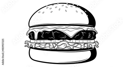 Delicious burger illustration with fresh ingredients and sesame bun.