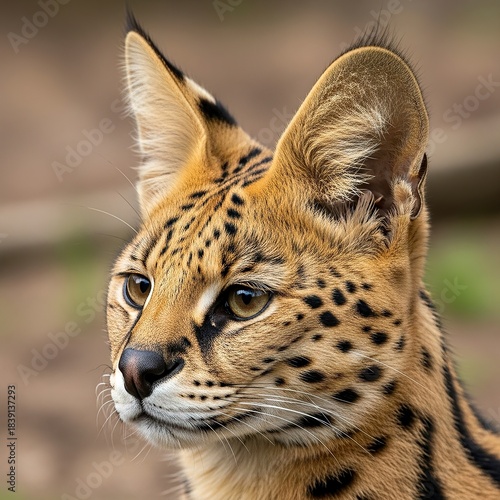 Close-up of a Serval Cats Head with Striking Spots and Alert Expression.