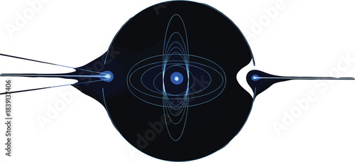 Mystical abstract cosmic energy formation with fluid dark shapes and glowing orbital lines creating a futuristic surreal visual effect