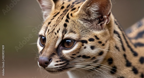 Close-up of an Ocelots face, showcasing its focused gaze.