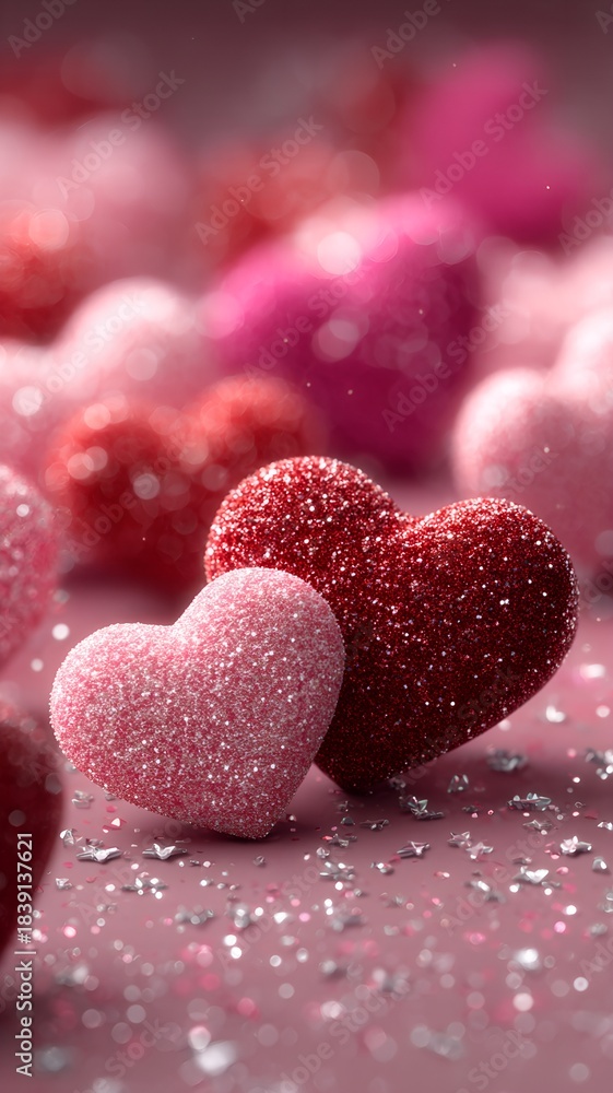 Obraz premium Festive bright banner background with copy space featuring glitter red and pink hearts