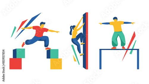 Dynamic Vector Illustration of Parkour Athletes Performing Extreme Sports and Fitness Activities