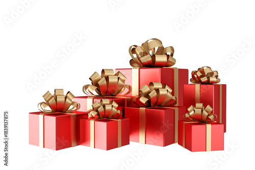 Set onf red gift boxes with gold ribbon on white