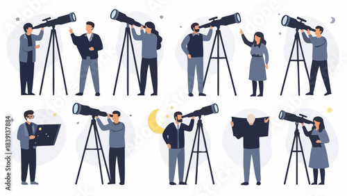 Diverse Group of People Observing Stars and Space with Telescopes Educational Science and Astronomy Concept