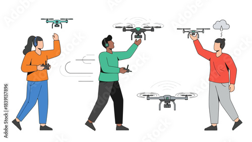 Diverse group of people piloting drones illustrating modern technology and aerial photography concepts