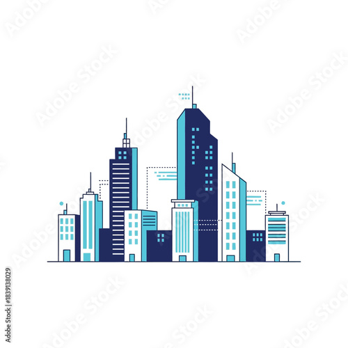 Modern cityscape skyline with tall buildings isolated on white background