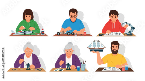 Diverse people of all ages engaged in creative hobby model building and crafting fostering concentration and accomplishment