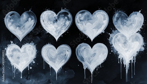 Bright blue color hearts watercolor paint on black background