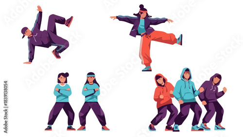 Diverse Group of People Performing Hip Hop Dance Moves and Breakdancing Energetic Urban Street Dancing Styles