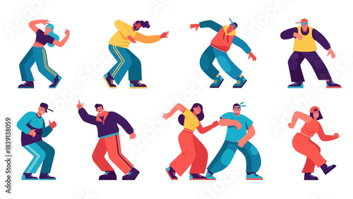 Diverse Group of Energetic People Dancing Hip Hop Breakdance and Street Styles Modern Flat Vector Illustration