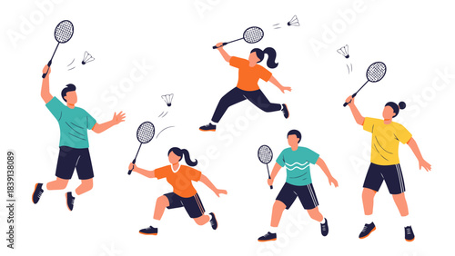 Active Badminton Players Enjoying a Lively Match with Shuttlecocks and Racquets