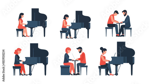 Diverse Group of People Learning and Playing Grand Piano with Laptops for Music Education and Practice