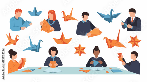 Diverse Group of People Enjoying Origami Crafting Workshop Folding Paper Animals and Boats Creativity and Hobby