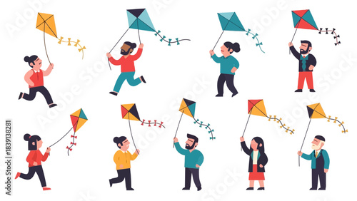 Vibrant Collection of Diverse People Flying Kites Outdoors on a Sunny Day Celebrating Freedom and Joyful Outdoor Activities