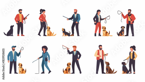 Diverse Dog Trainers Teaching Obedience and Agility to Various Breeds