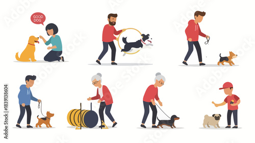 Diverse Group of People Training and Playing with Adorable Dogs in Various Settings