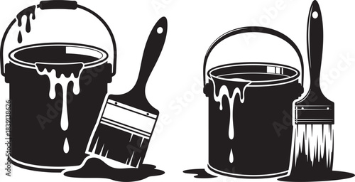Paint cans and brushes dripping with black paint illustration