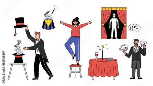 Magician Performing Illusions and Tricks Top Hat Rabbit Cards Stage Show Acrobat