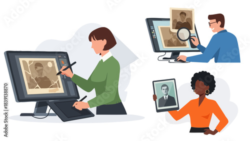 Diverse Professionals Digitally Restoring and Enhancing Vintage Photographs with Technology Desktop Tablet Magnifying Glass