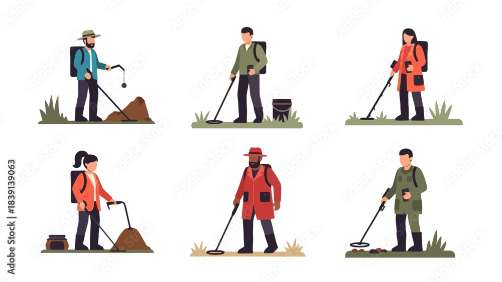 Fototapeta premium Diverse Group of People Enthusiastically Metal Detecting Outdoors