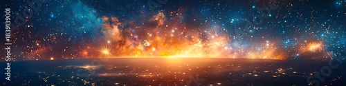 Panoramic Cosmic Explosion Over Cityscape at Night with Stars and Nebula
