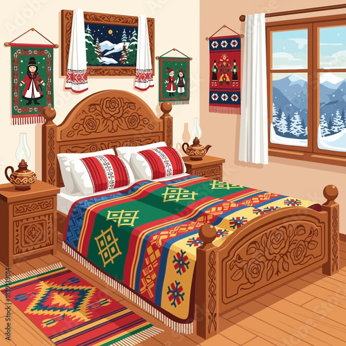 Cozy traditional bedroom decorated with vibrant textiles and winter view through window