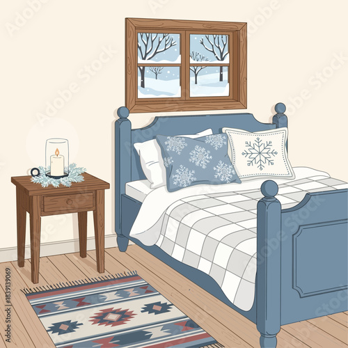 Cozy winter bedroom scene featuring a blue bed with snowflake pillows and a snowy window view