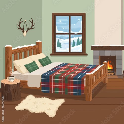 Cozy winter bedroom scene with fireplace, deer antlers and snow outside window