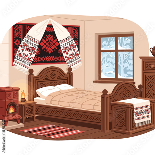 Traditional Slavic bedroom interior decorated with embroidered textiles and a snowy winter scene