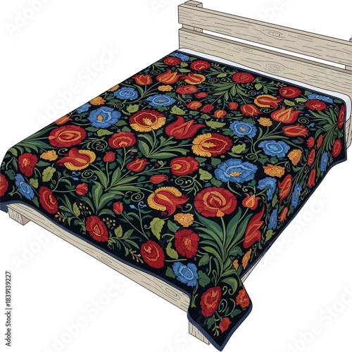 Colorful floral bedspread with vibrant red yellow and blue flowers on a black background and
