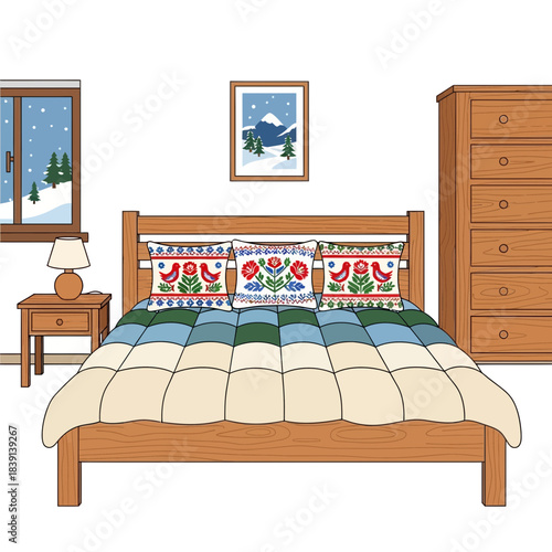 Cozy bedroom interior featuring a wooden bed, festive embroidered pillows, window with snowy