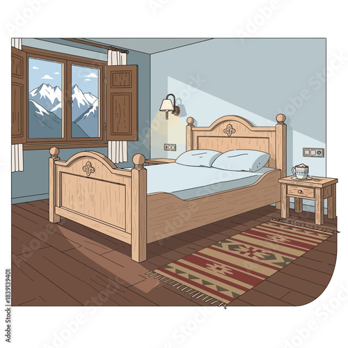 Cozy bedroom with mountain view, wooden furniture, and natural light for relaxation and comfort