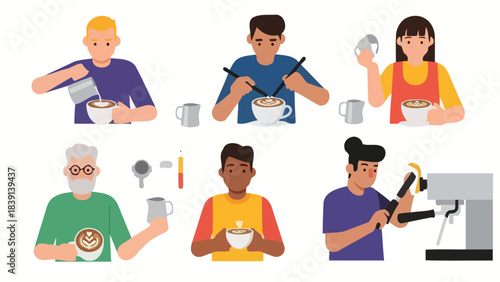 Diverse People Learning and Practicing Barista Skills Coffee Art and Espresso Making