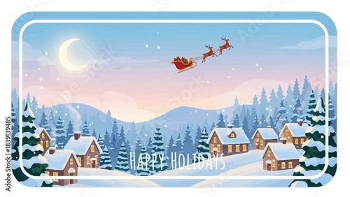 Christmas Eve Serenity: Santa's sleigh soars over a snow-covered village, the moon casting a magical glow over a scene of holiday peace and festive anticipation.