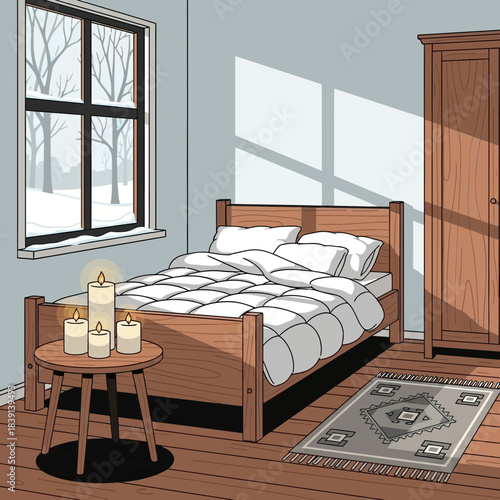 Cozy bedroom with wooden furniture and natural sunlight through the window