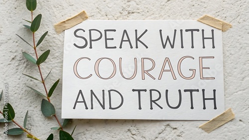 Motivational message about speaking with courage and truth on a white card