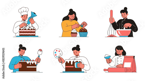 Bakers Decorating Cakes and Cupcakes A Set of Flat Illustrations for Culinary Businesses