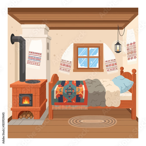 Cozy rustic bedroom interior with wood stove, colorful blanket and window
