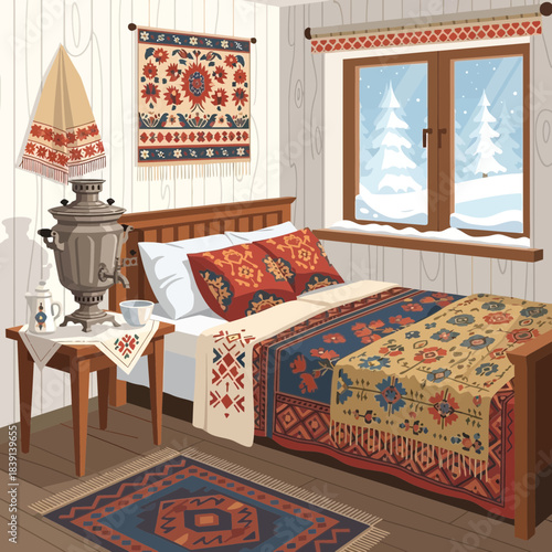 Cozy rustic bedroom interior with traditional textile decorations and snow view through the window