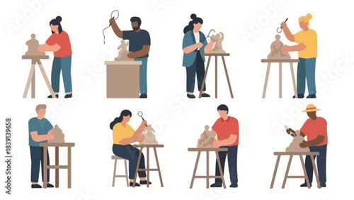 Diverse Artists Sculpting Clay and Stone in a Creative Studio Workshop